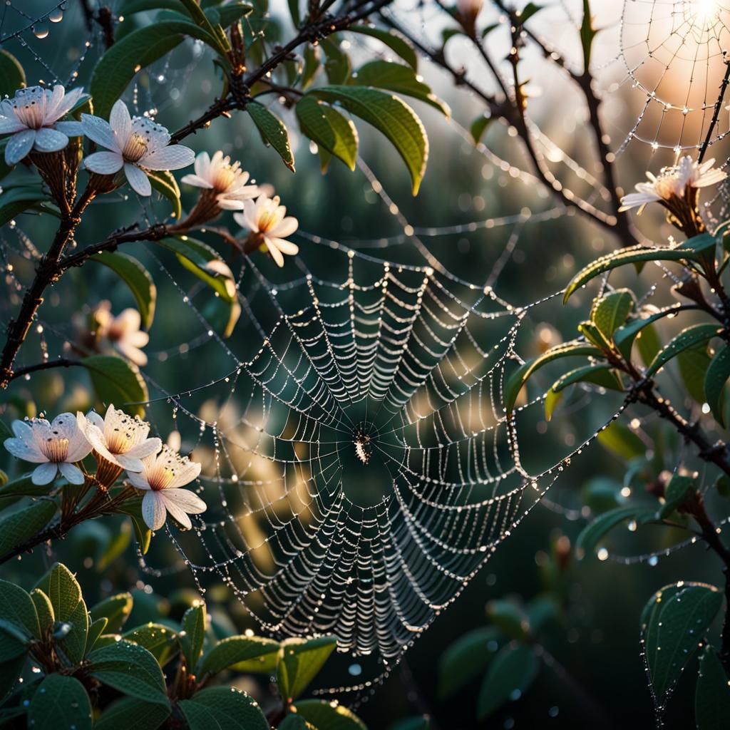 Spider web stretched across a flowering tree. dew drops. Lights pass through the wires. Cinematic photo ...  by @Leandro Erran