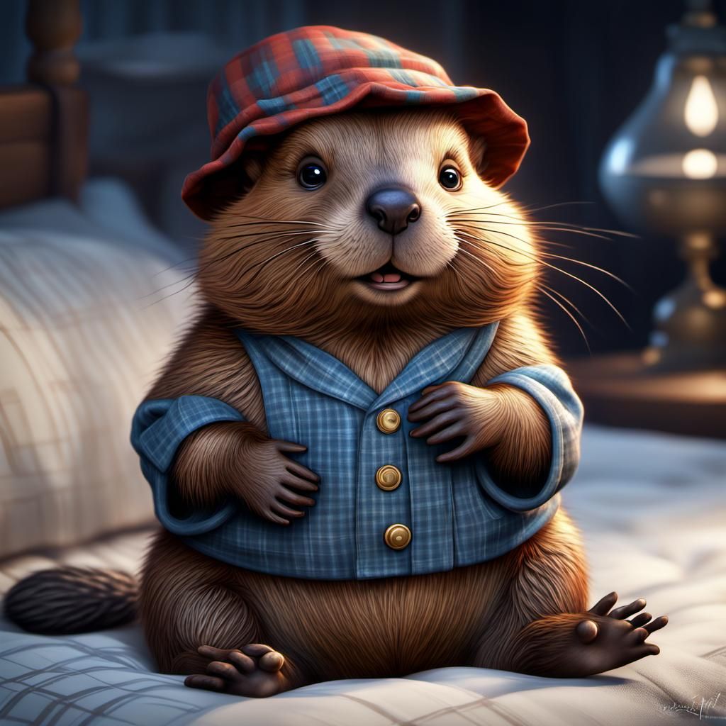 Adorable baby beaver, fluffy, very cute, chubby, fat, with nightcap, in ...