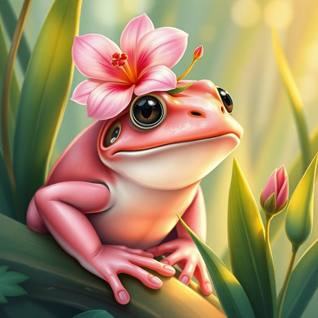 a pink frog with a flower on its head