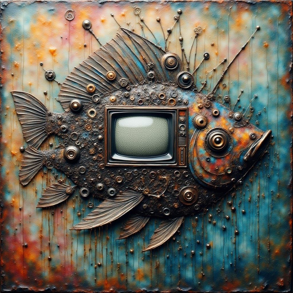 <lora:TVhead:1.0> TVhead encaustic  brain rot fish on screen