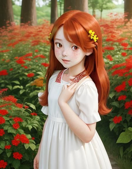 Auburn-Haired Girl Picking Flowers in Anime Style