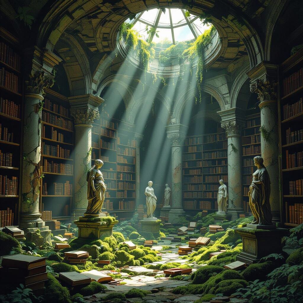 A vast, overgrown library hidden within the ruins of a lost civilization, with sunlight filtering through cracks in the stone ceiling. Ancie...
