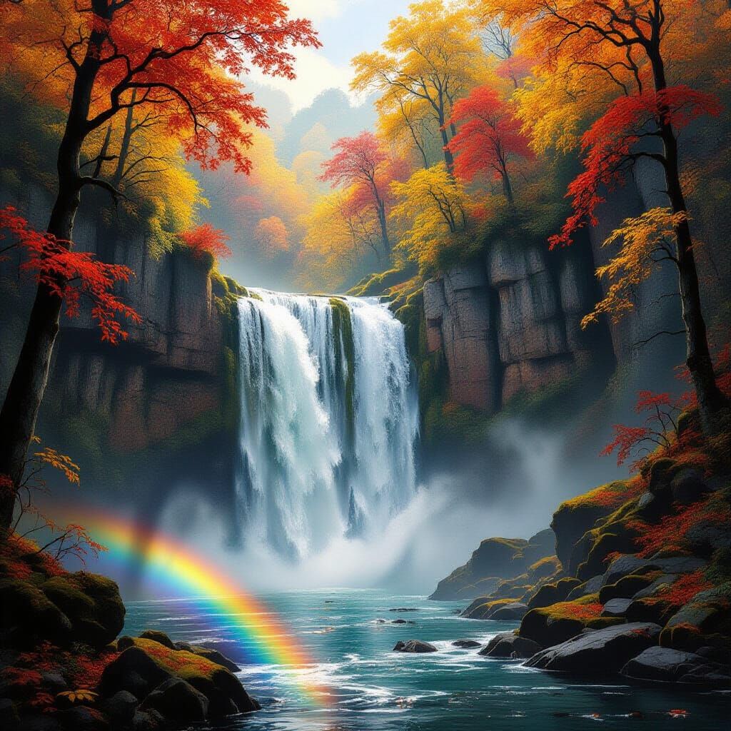 A breathtaking waterfall cascades down a sheer cliff face, surrounded by trees ablaze in vibrant autumn hues of crimson, gold, and russet. T...