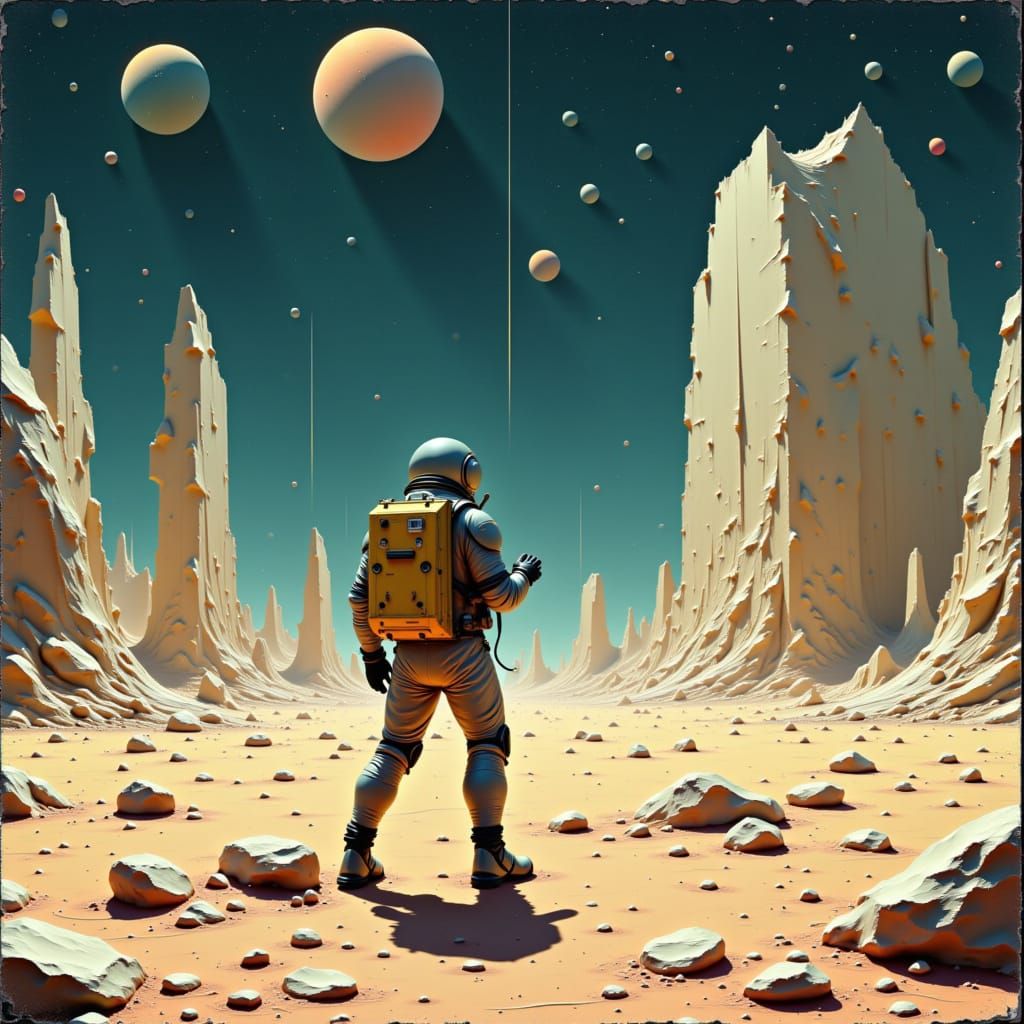 Cinematic film still. A lone astronaut, clad in a worn, retro-futuristic spacesuit, stands on the edge of a vast, alien desert landscape und...
