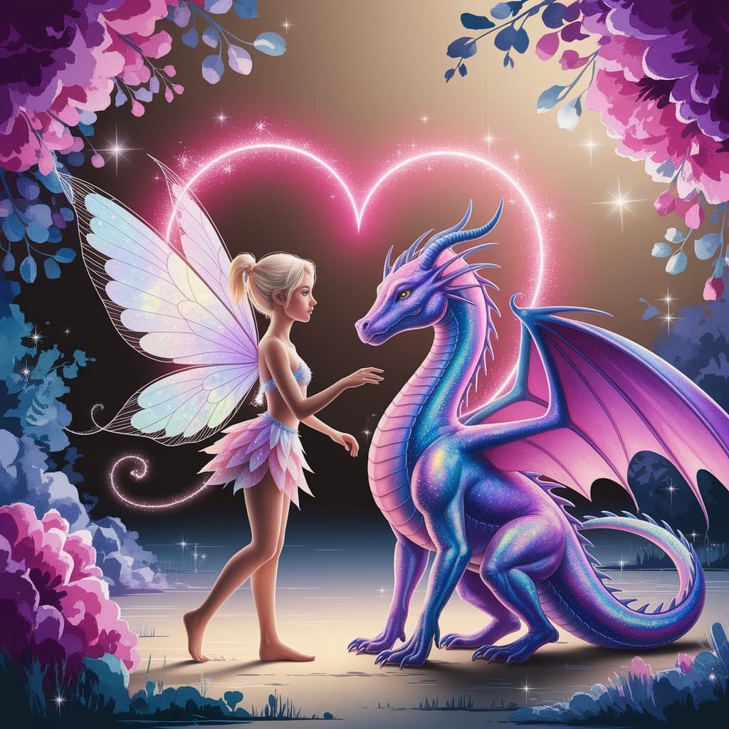 Ethereal Fairy and Dragon in Watercolor Landscape