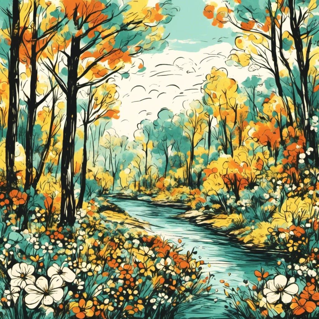 <lora:RetroDrawingXL:1.0>  forest trees flowers river