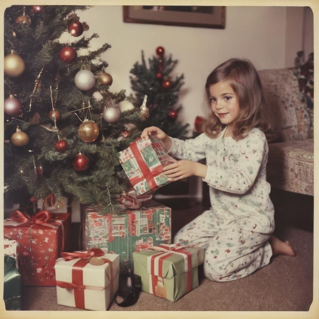 Vintage Instant  Polaroid Photography with white border of a cute little girl in pajamas opening her ...  by @Ishya
