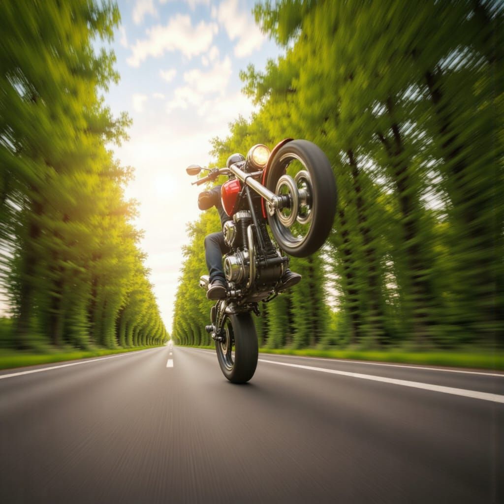 <lora:Motion Blur Speed:1.5>motorcycle popping a wheelie as it races down tree lined road