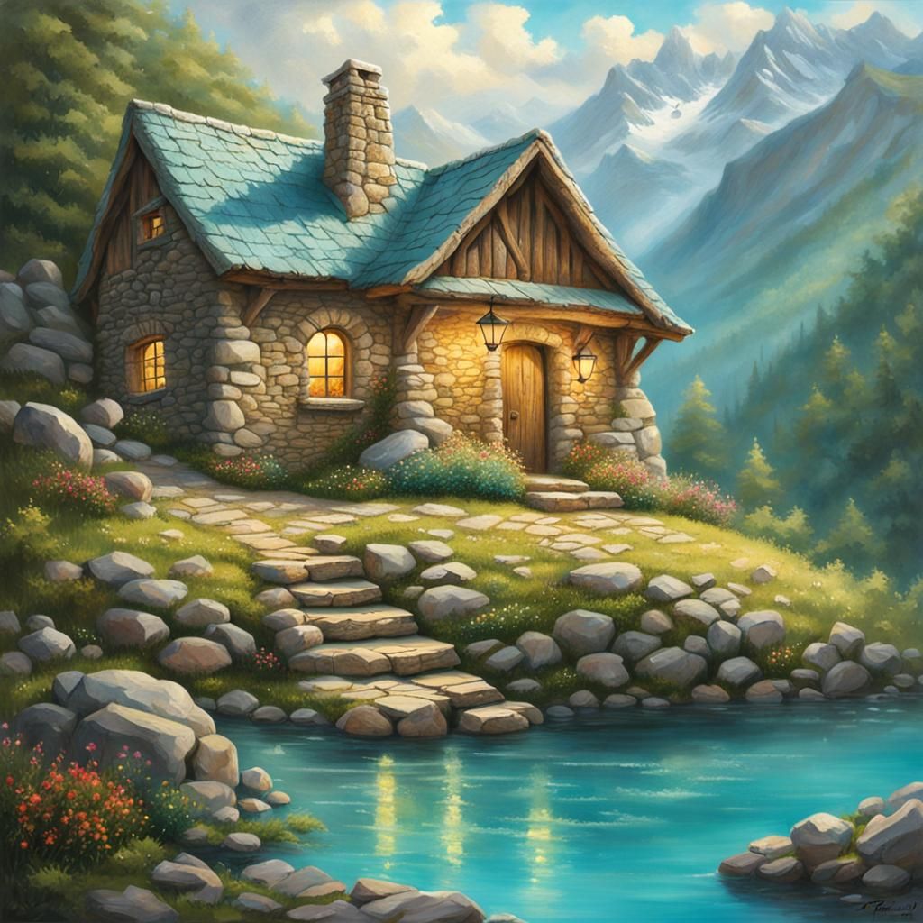 A hyper-realistic, simple, and small rustic stone cottage wi...