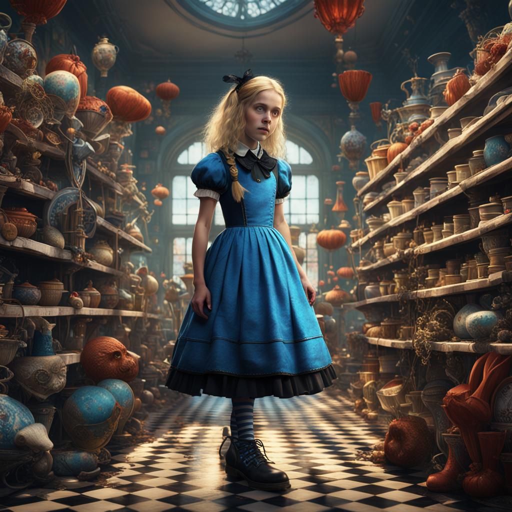 Alice in Wonderland wears black ankle boots. She is a check-...
