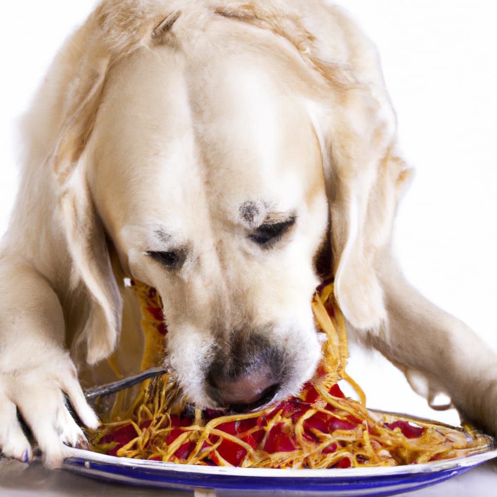 Dog eating spaghetti plate