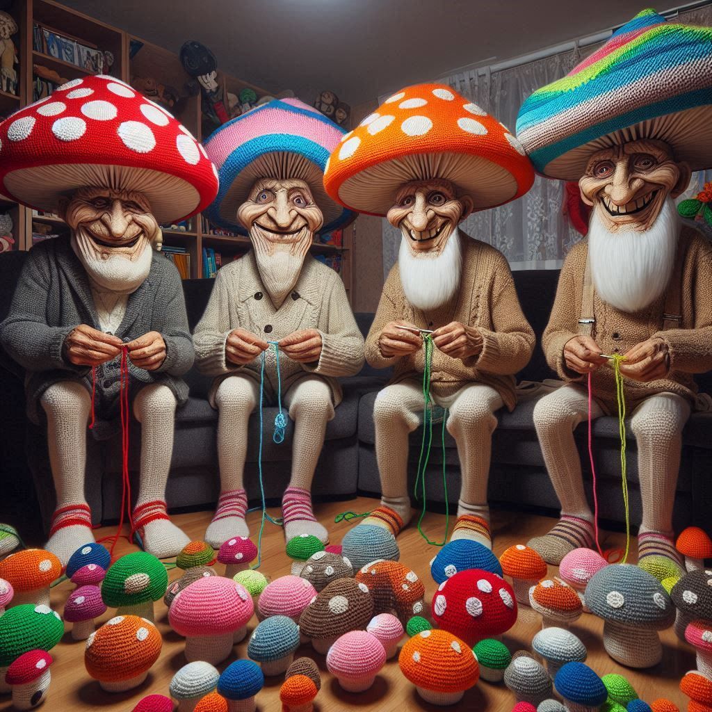 Crazy mushrooms sit in a group. Like old men, they crochet with colorful threads and the room is full of crocheted thing...