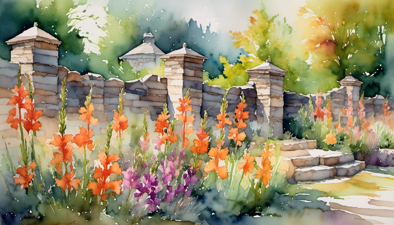 Gladiolus in Bloom by the Stone Fence