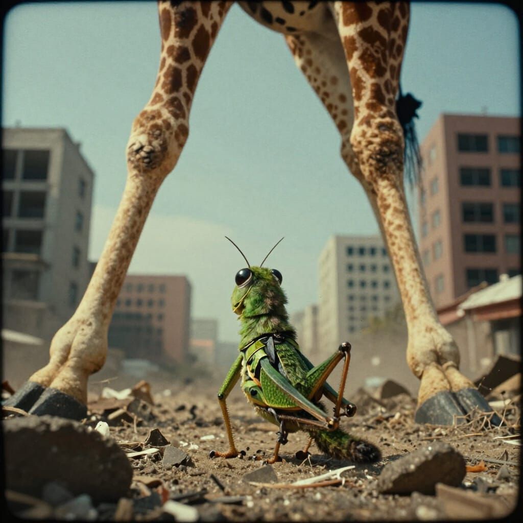 Giant Grasshopper with Giraffe Legs Destroys Cityscape