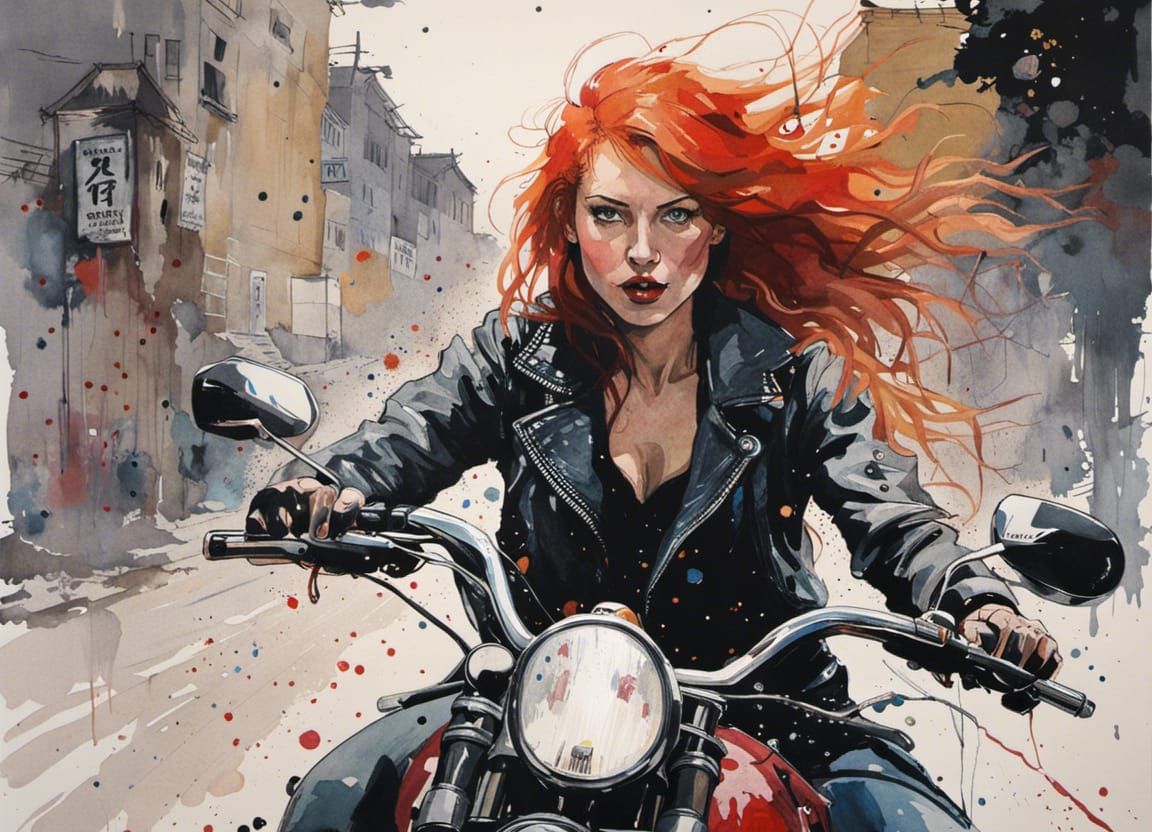 Redhead girl riding a motrorcycle, watercolor  by @That cinema teacher