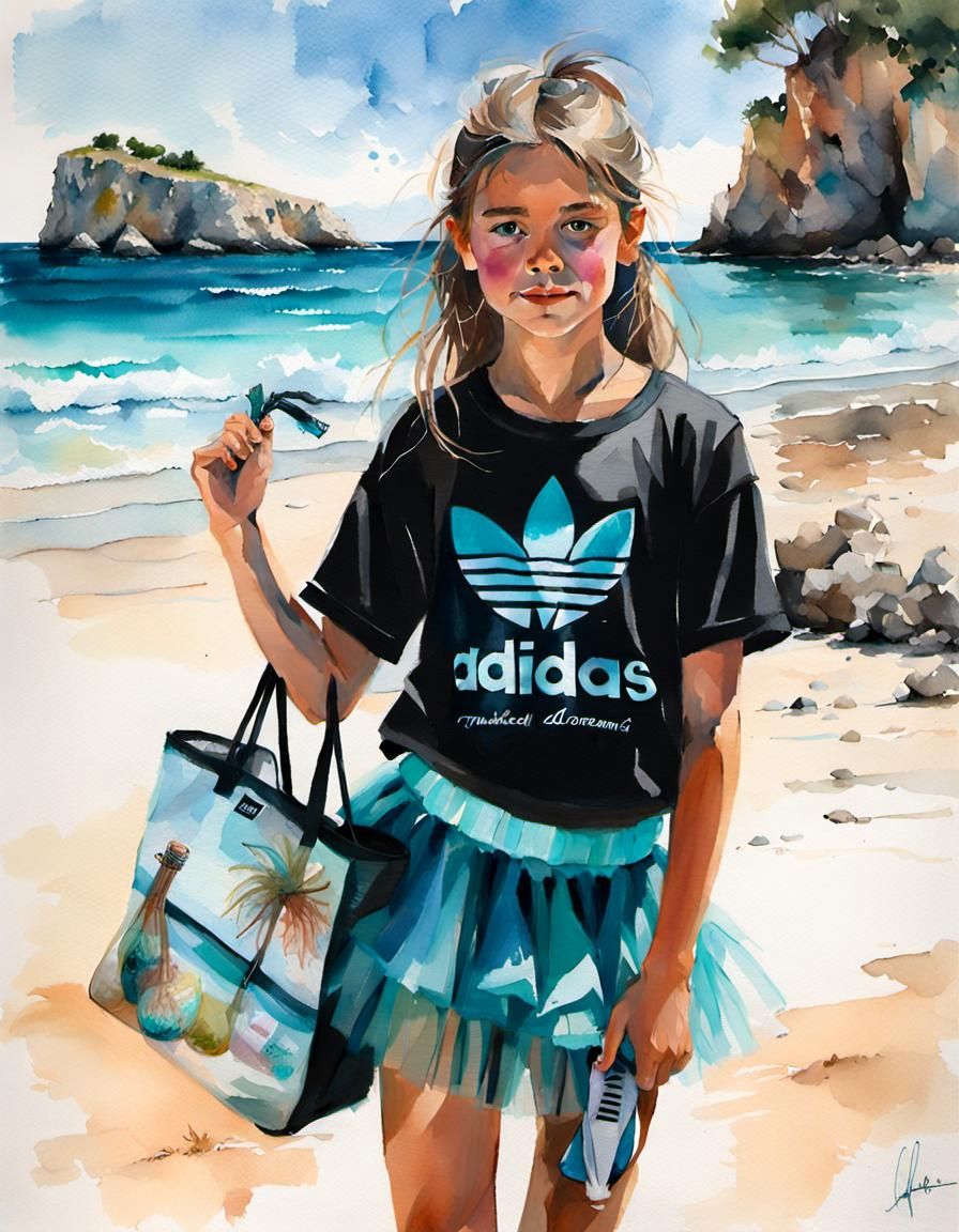Watercolor painting of beach girl wearing black Adidas shirt...