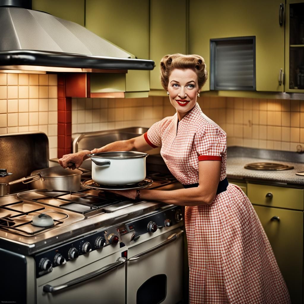 1950's housewife in a 1950's themed kitchen. Her body is hal...