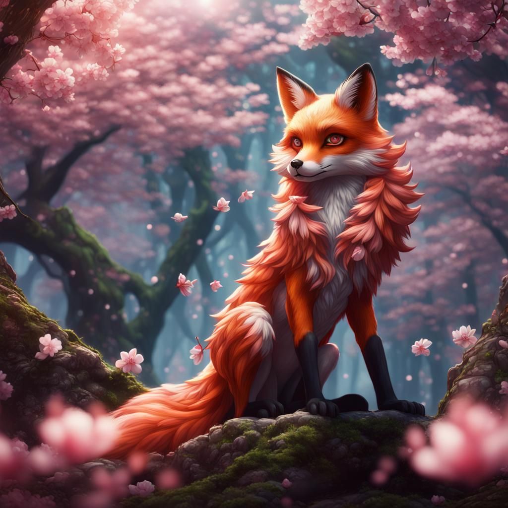 beautiful fox resting in a cherry blossom forest - AI Generated Artwork ...