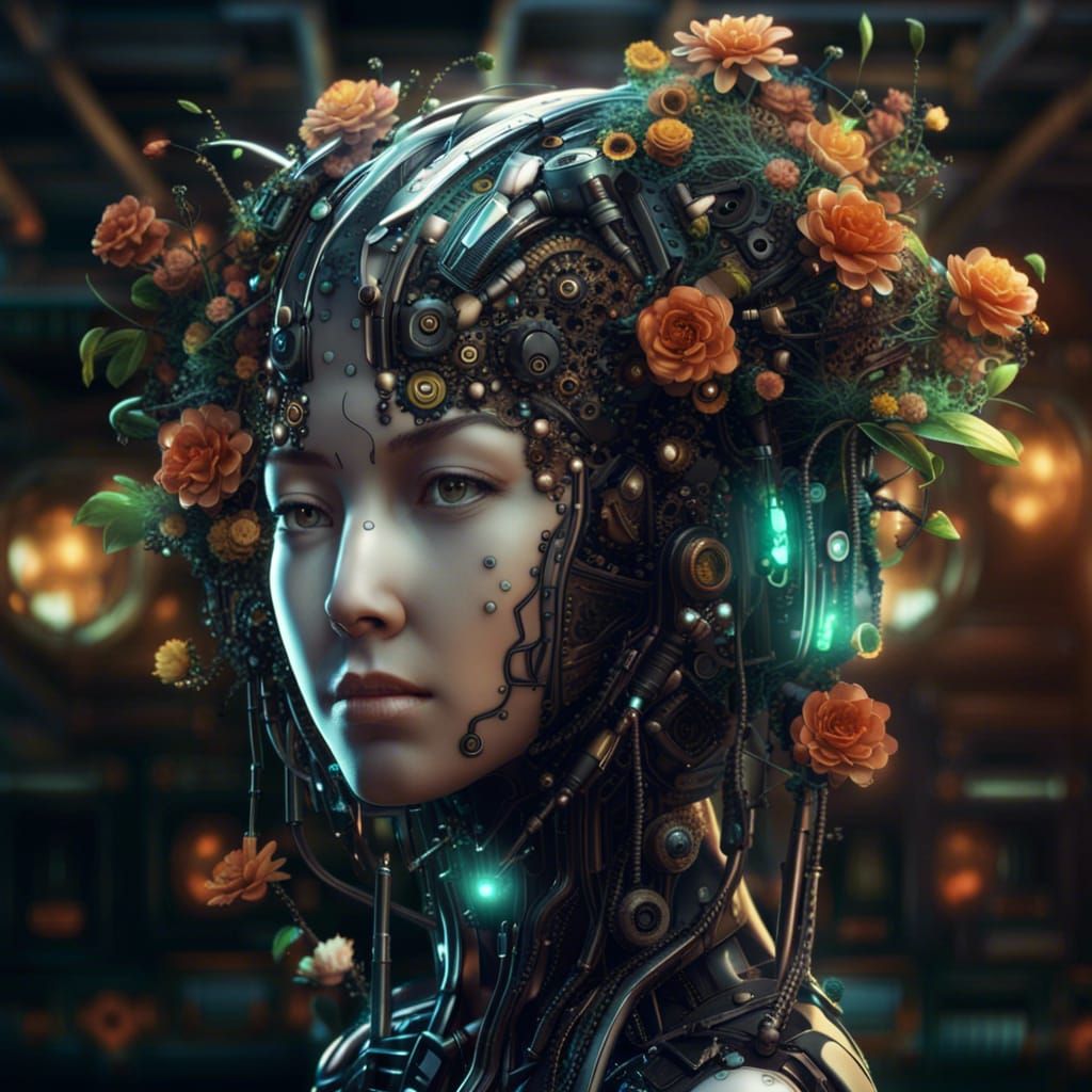 anime femaile mechanical android head with flowers growing out back ...