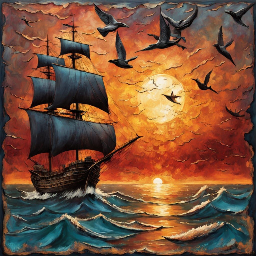 Galleon Ship at Sunset in Mixed Media Style