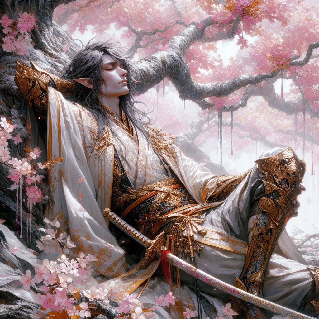 Elven Swordmaster under a Cherry Tree