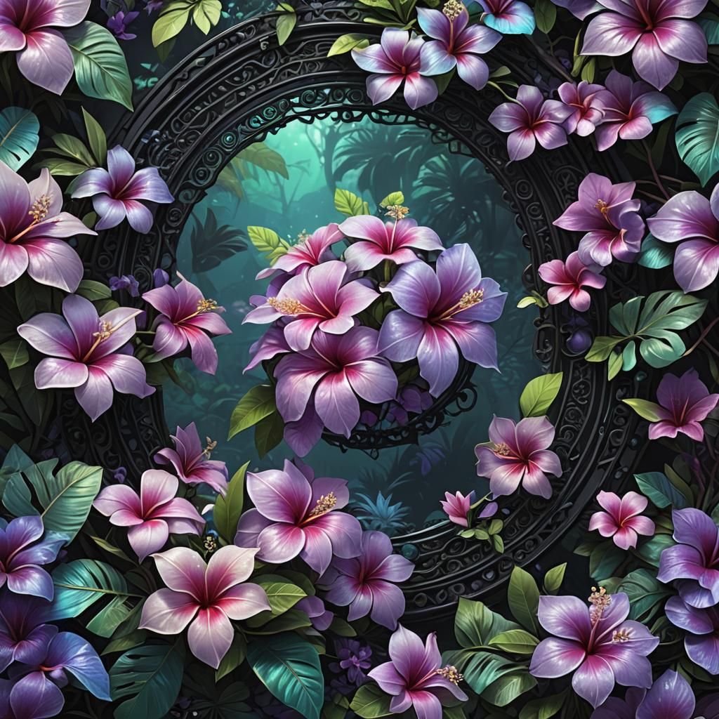 Iridescent Filigree plumeria jungle portal purple black aqua...
