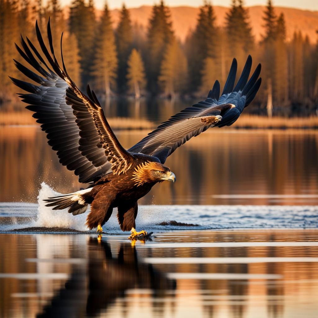 A hyper-realistic, ultra-detailed photograph of a golden eagle flying over a lake at sunset, the golden eagle has a movement effect on its w...