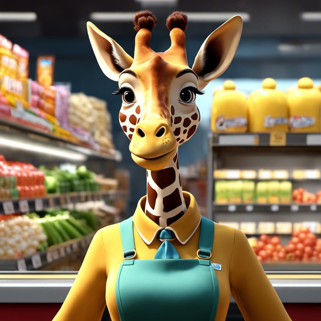 Giraffe as supermarket cashier