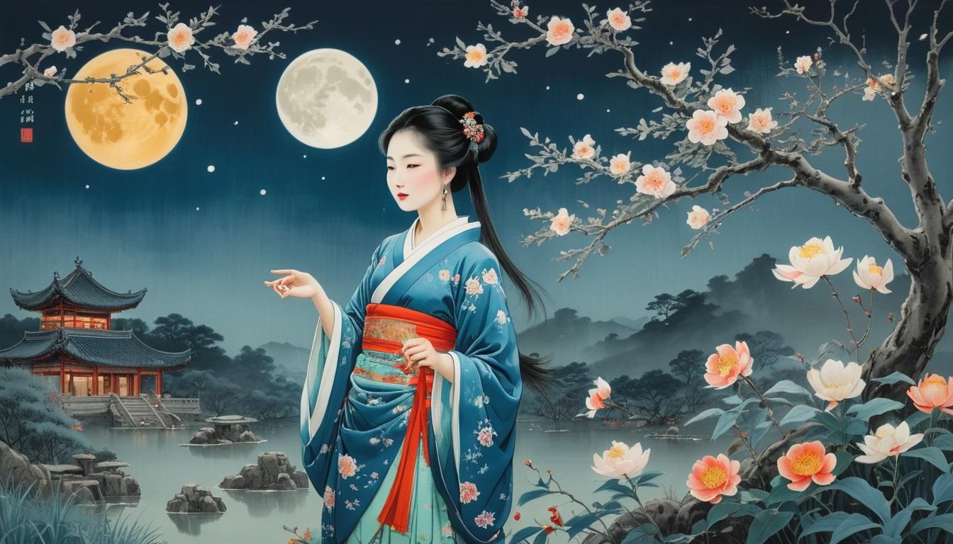 La belle shang shuin se promène le soir dans son jardin par un clair de lune, PictureChing Shu - Hua Sanchuan lithographie aux couleurs sur soie 1976_