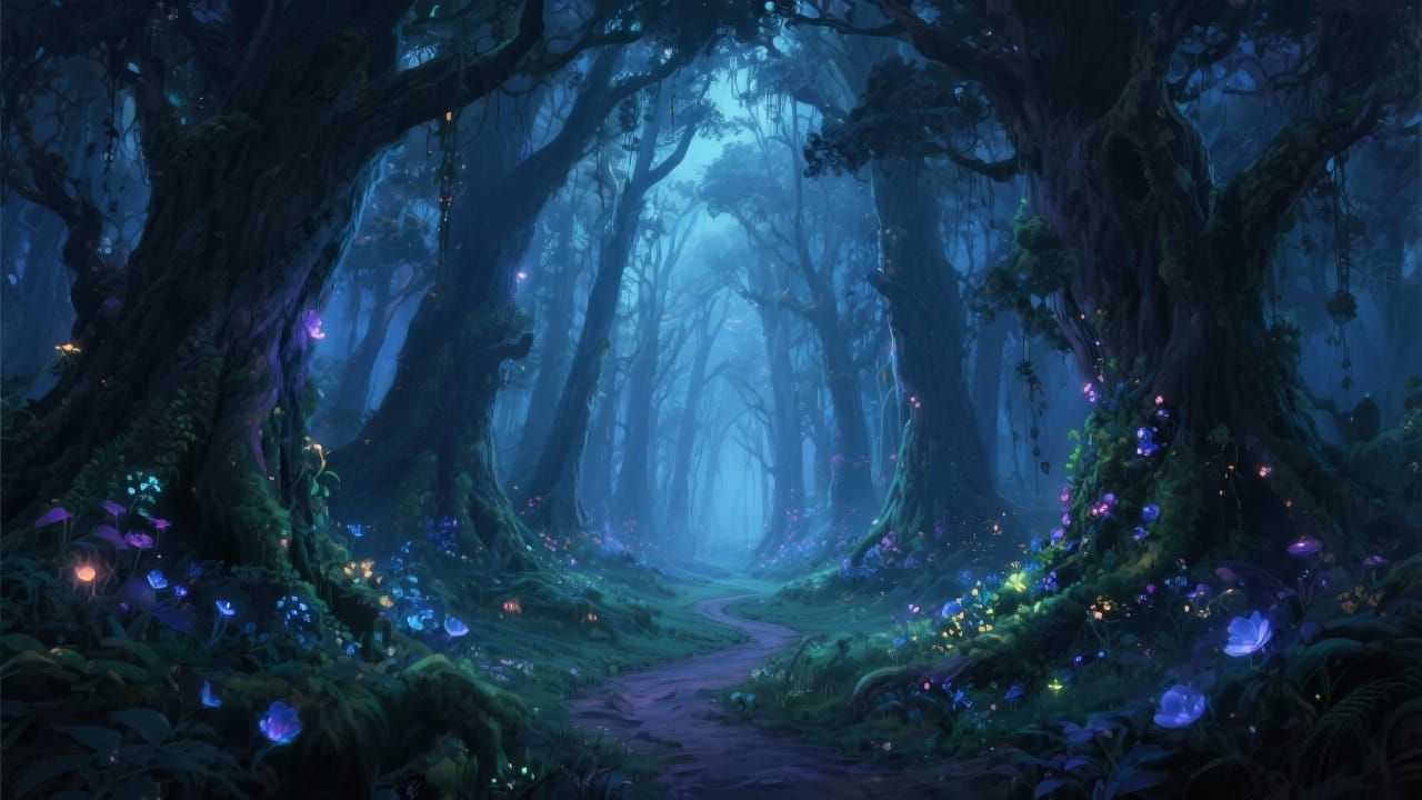 Ethereal concept art. A bioluminescent forest path bathed in soft moonlight, leading to a hidden waterfall. Giant, luminous butterflies flit...