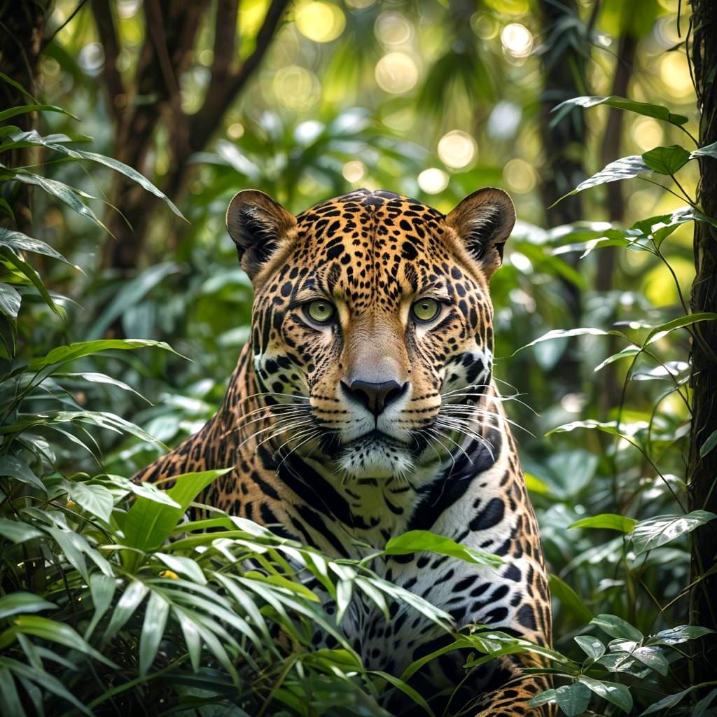 A jaguar with green eyes is hiding in the jungle.