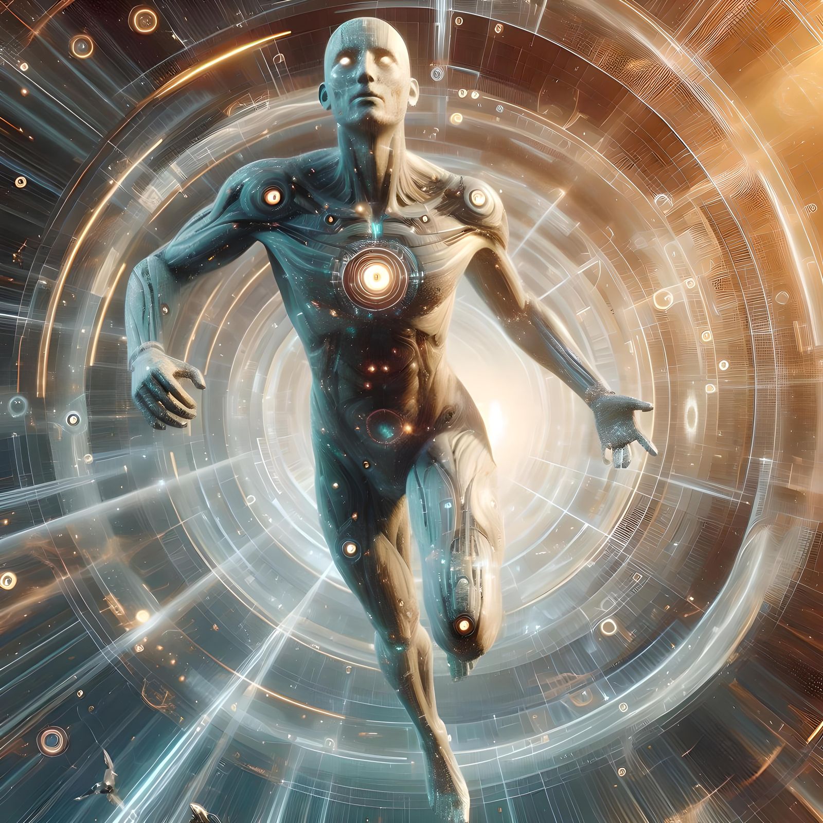 Synthetic Man running through time and space
