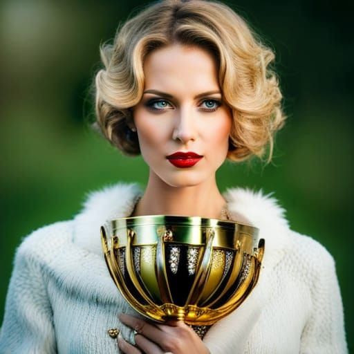 Beautiful woman holding golden goblet