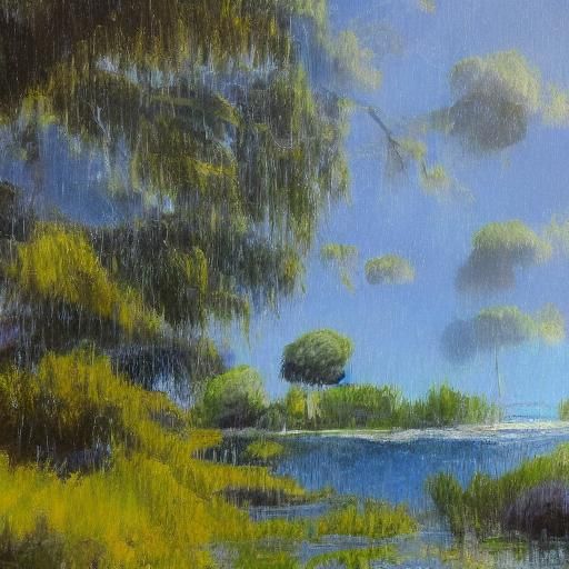 Impressionist Landscape with Serene Pool and Cypress Trees