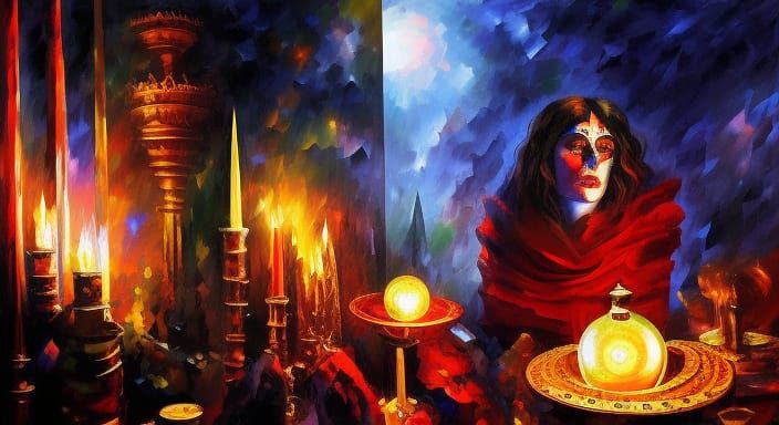 "gypsy gazing into crystal ball, interior, night, Post-apoca...