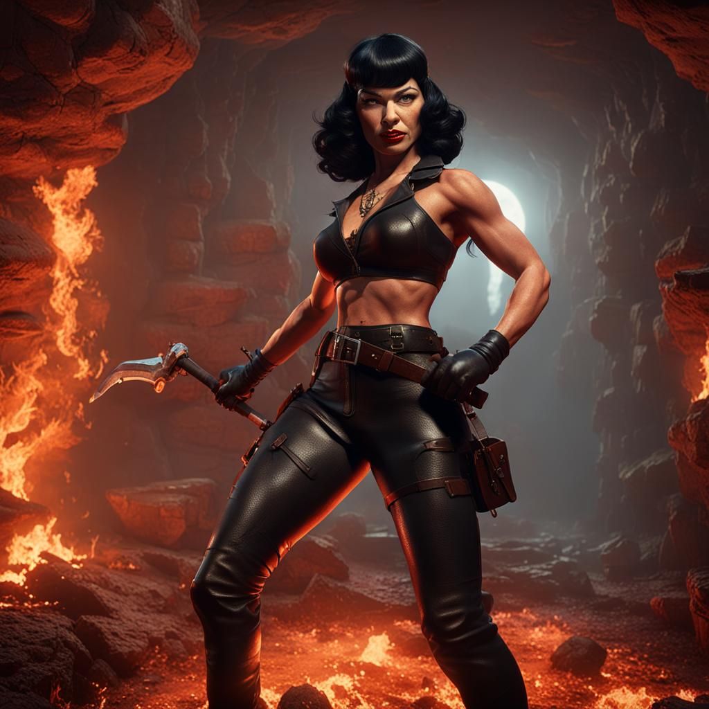 Bettie Page dressed in leather in the Descent Into Hell by J...
