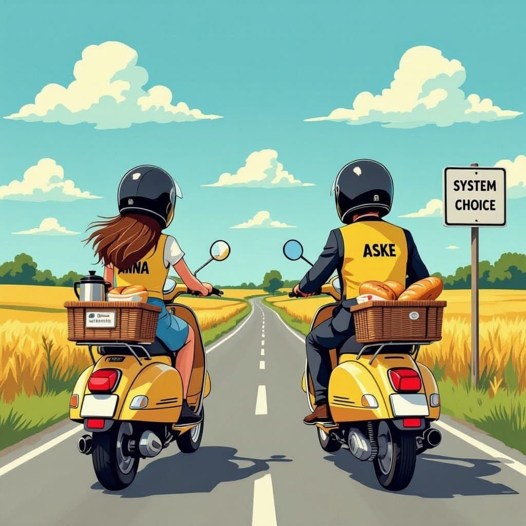 Two cartoon-style characters seen from behind, riding each their vintage Puk Maxi moped on a Danish country road. One is a woman with long b...