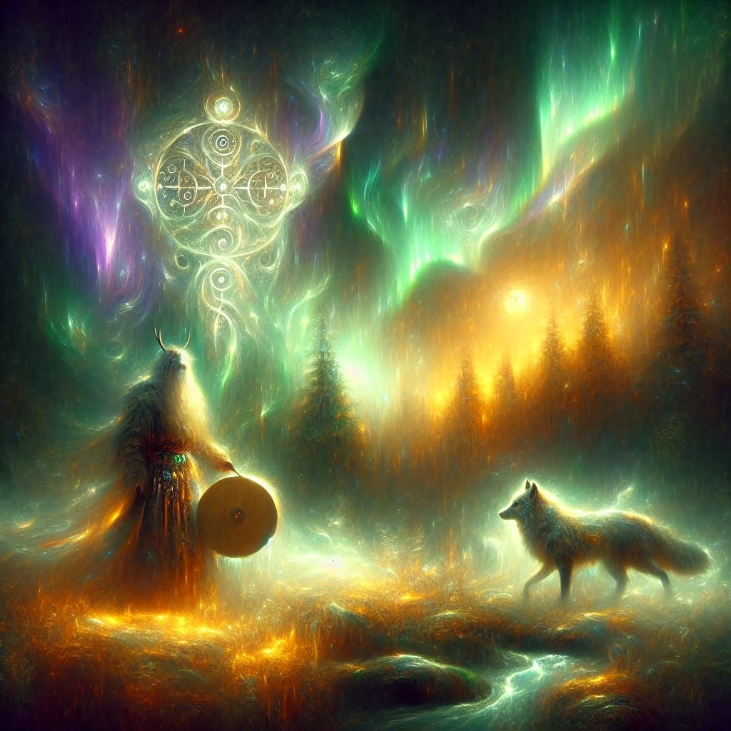 Ethereal Shamanic Encounter in Chiaroscuro Oil Painting Styl...