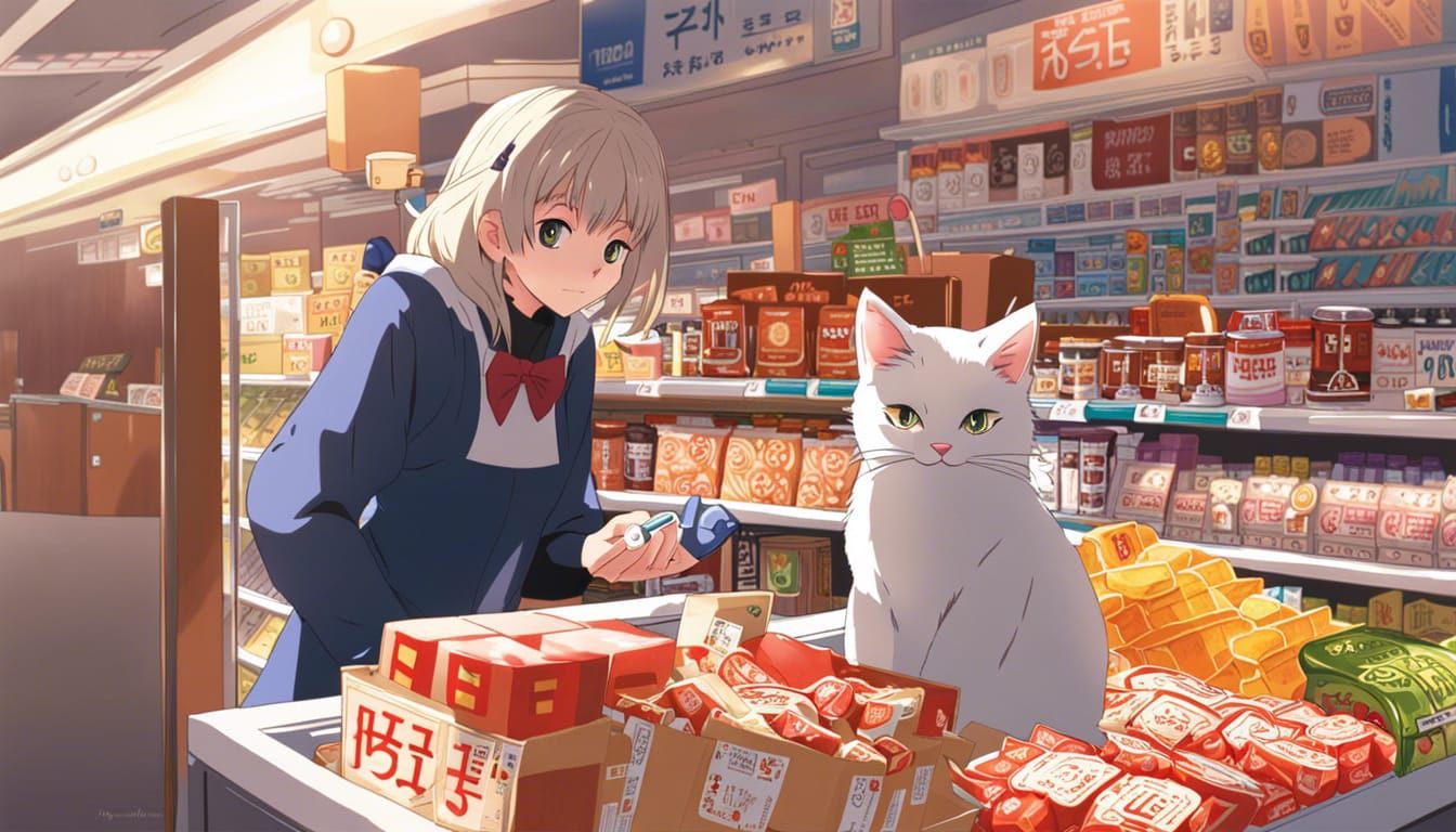 The cat-seller at the checkout in the supermarket serves a p...