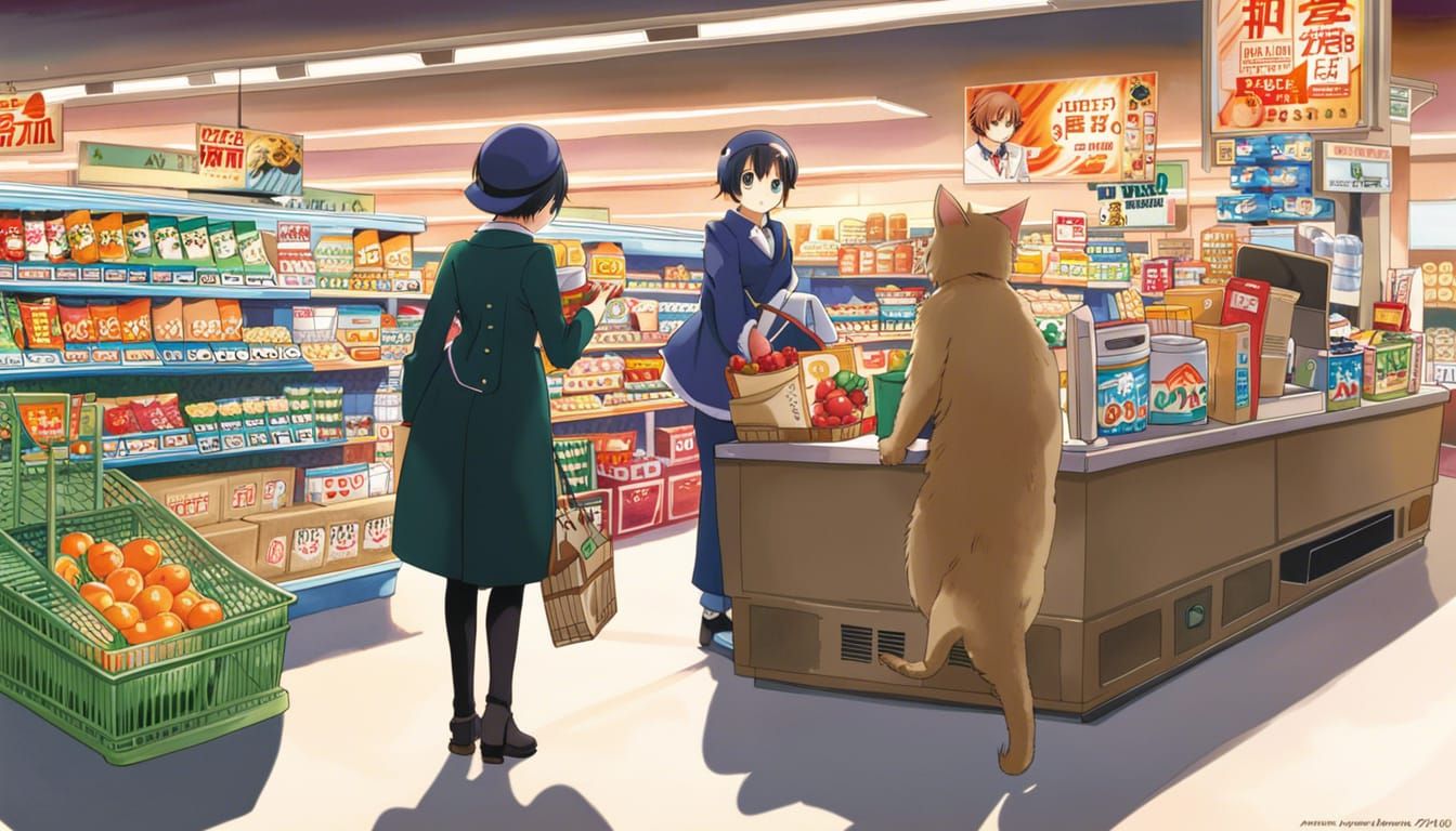 The cat-seller at the checkout in the supermarket serves a p...