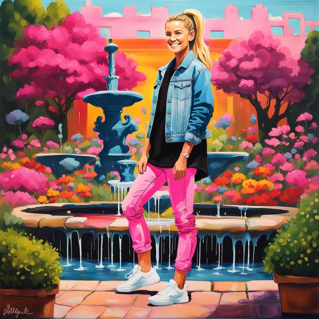 Beautiful blonde woman standing in a garden with a fountain.