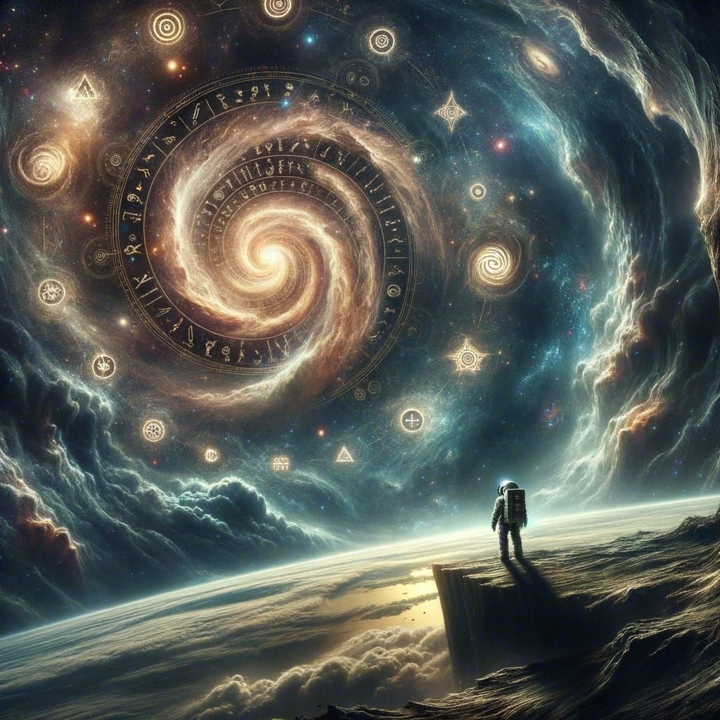 A lone astronaut adrift in a cosmic whirlpool, surrounded by swirling nebulae and distant galaxies. Ancient, glowing symbols emanate from th...