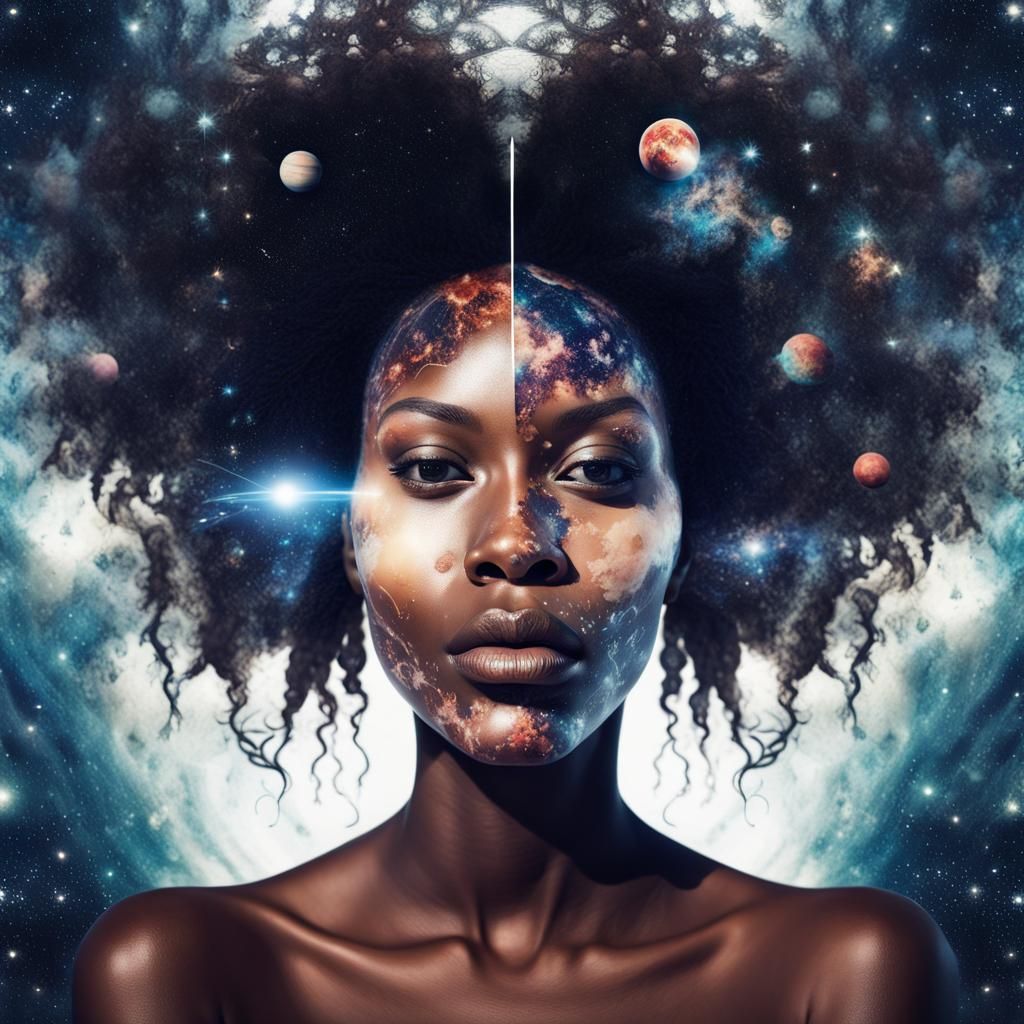 Double exposure dual exposure portrait of a gorgeous black woman of an intricate intergalactic caribean beach made of st...