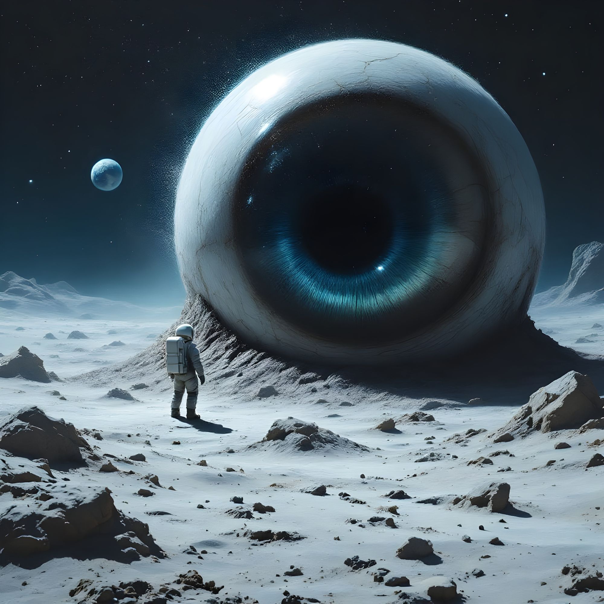 Hyper-realistic, cinematic painting of a lone astronaut standing on the moon’s surface, seen from behind as he faces a massive alien creatur...