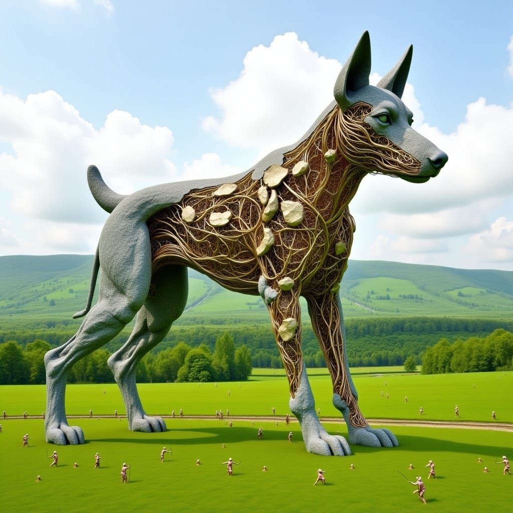<lora:Weird Sculpture:1.0>a massive sculpture of a dog stands on a green field. It is made of stone and transparent golden wires. 