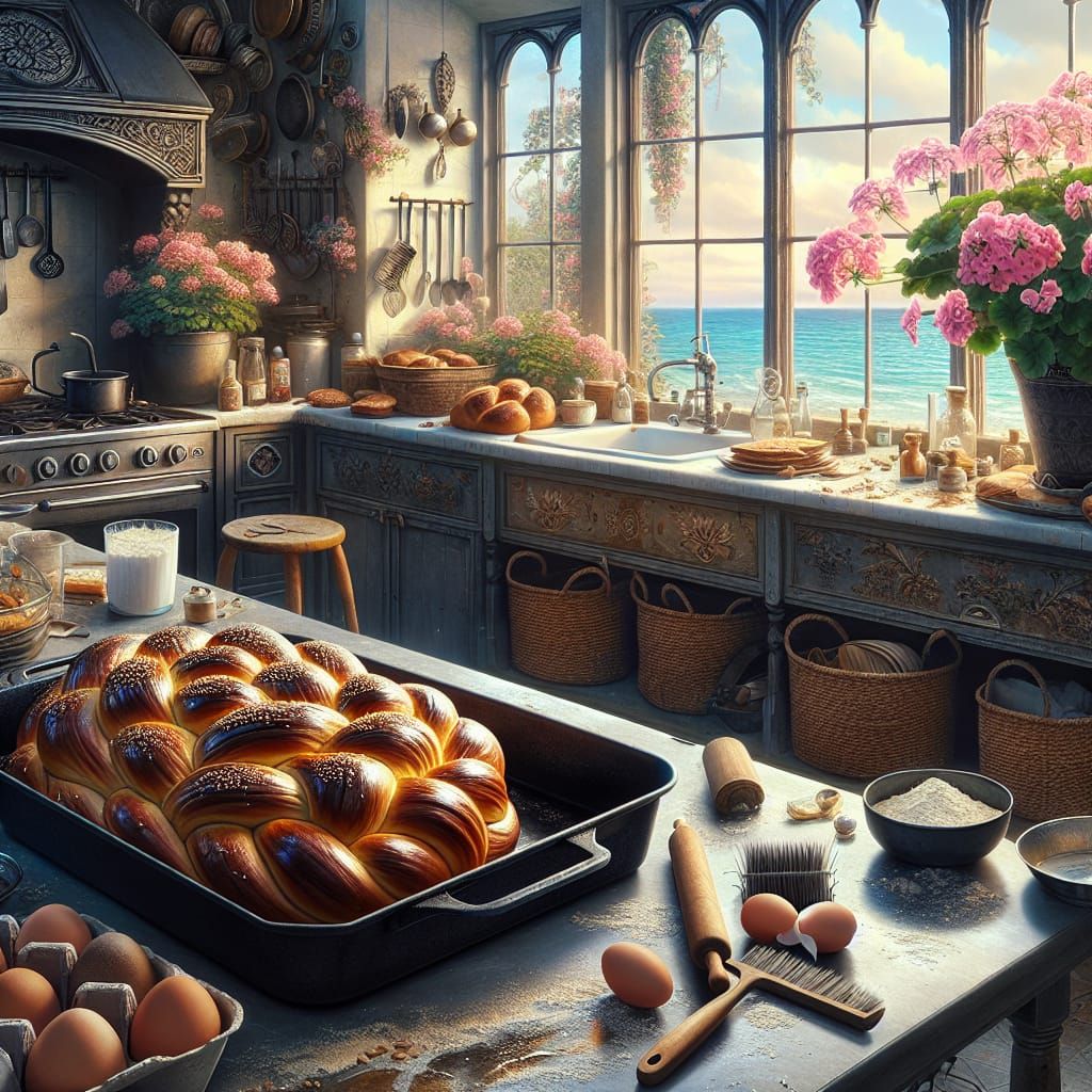 Detailed Matte Painting of Challah Bread in Kitchen