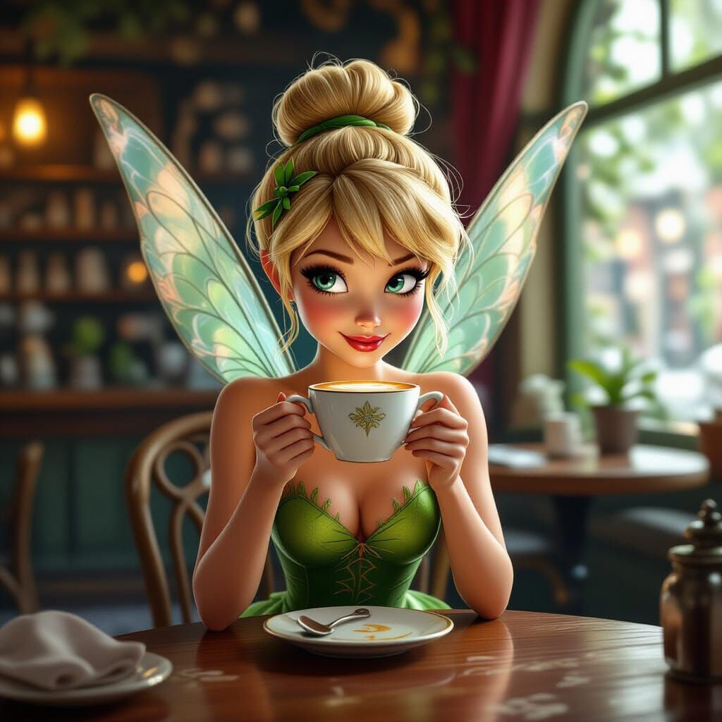 Tinker Bell enjoying a latte in an enchanted café!  by @Hard Boiled Entertainment