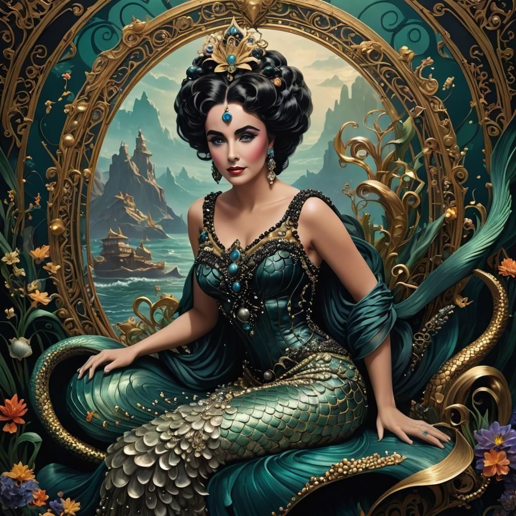 elizabeth taylor as a mermaid draped in art nouveau black pe...