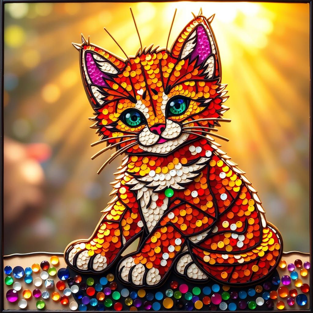Whimsical Ginger Kitten in Stained Glass Style