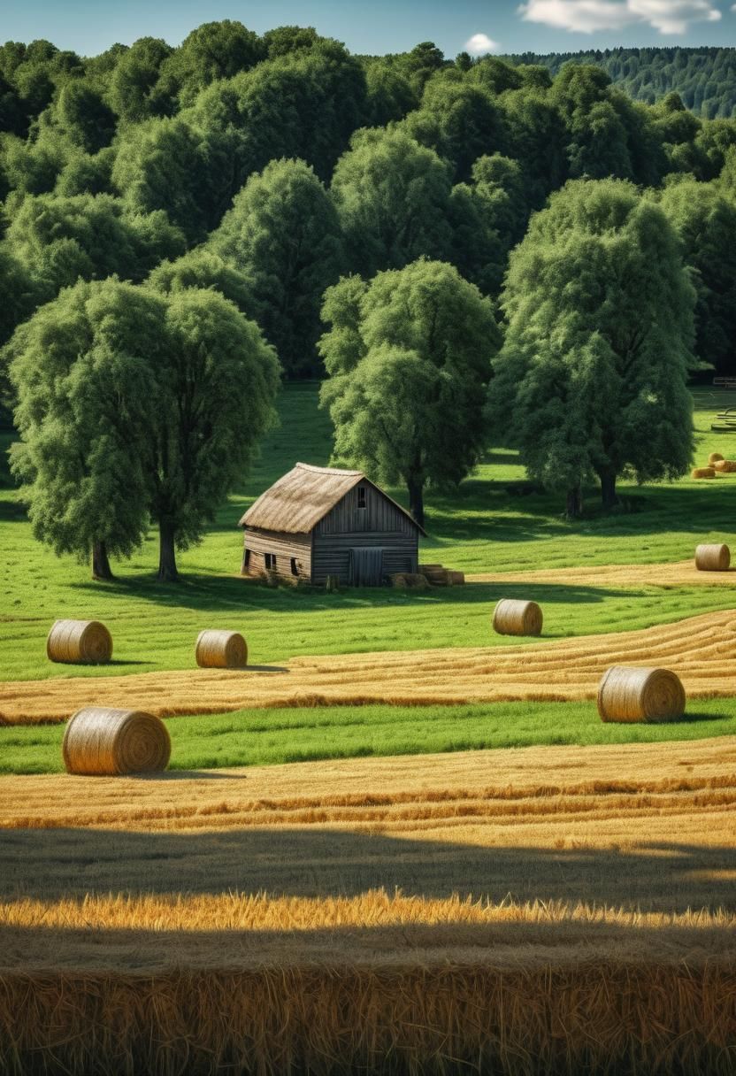 A farm with hay bales and trees and grass with intricate details, HDR, beautifully shot, hyperrealistic, sharp focus, 64 megapixels, perfect...